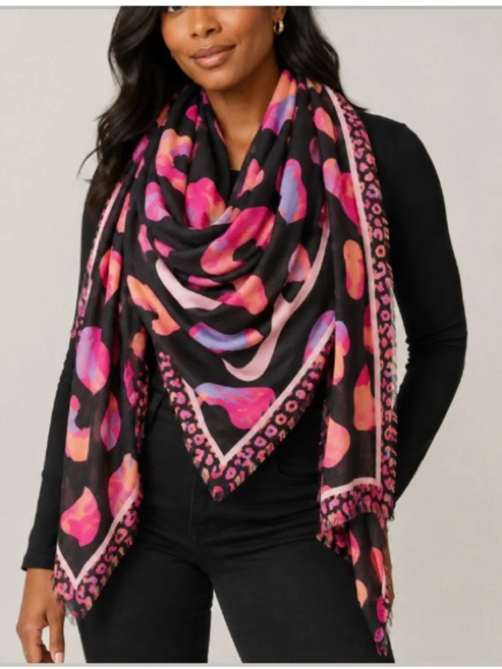 Jimmy Choo Black & Pink Abstract Leopard Border Scarf